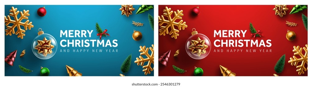 Merry Christmas and Happy New Year Banner with Festive Decorations,Golden Snowflakes, Christmas Ornaments and Gift Elements on Red and Blue Background,Christmas Promotion Poster or banner template