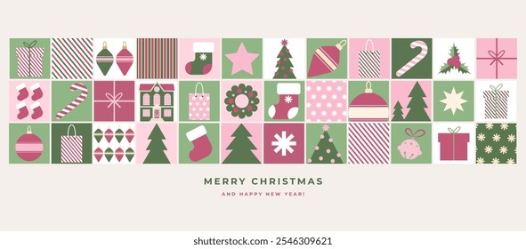 Feliz Navidades y feliz año Nuevo Anuncio geométrico abstracto. Fondo de moda de la Navidad con los iconos simples minimalistas para hacer publicidad, Fondo de pantalla, tarjeta de felicitación, Anuncio, cubierta.