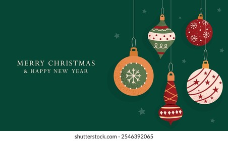 Navidades felices y diseño de tarjeta feliz del año Nuevo con los ornamentos festivos. Decoraciones de invierno, adornos navideños, celebración de temporada acogedora y alegre. Anuncio de Vector con fondo verde oscuro.