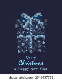 Merry Christmas and Happy New Year gift box greeting card. New gift designs with blue theme, snowflakes and Xmas ornament on dark blue background.