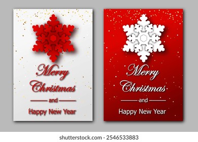 Merry Christmas and happy New Year template. card with silhouettes of hanging paper cut multilayered snowflakes. bright vector illustration en white and red. for greeting, backdrop, invitation, poster