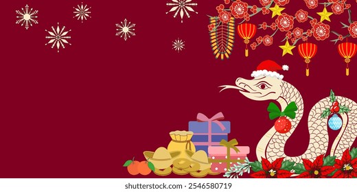 Merry christmas and happy new year decorated with golden snake wearing a red hat and others on red background.