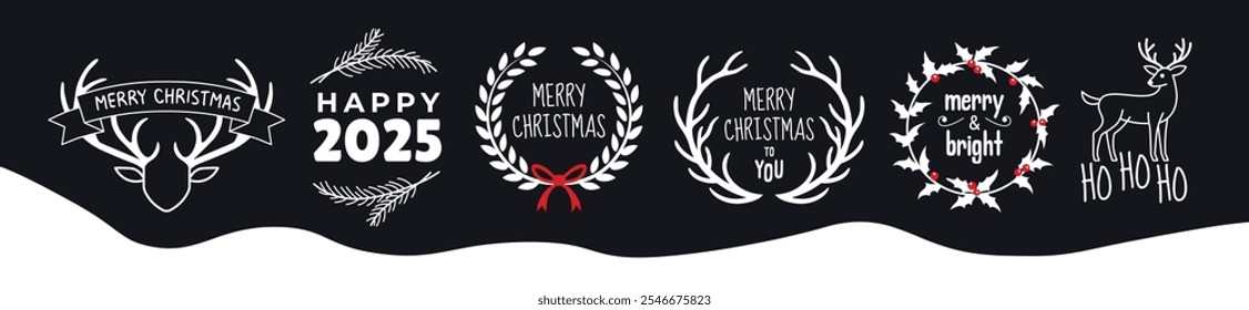 Merry Christmas. Happy New Year, 2025. Typography labels set. Vector logo, emblems, text design. Usable for banners, greeting cards, gifts