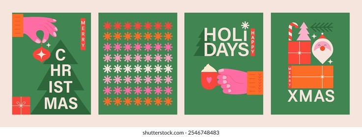 Merry Christmas and Happy New Year set greeting cards, posters, holiday covers. Trendy modern design flyers with hands holding Christmas tree toy,hot drink, christmas pattern and gifts. Vector