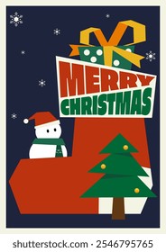 Merry Christmas and happy new year holiday concept decoration with sock, snowman, gift box flat design style. Can be used for postcard, greeting card, backdrop, brochure, banner, vector illustration