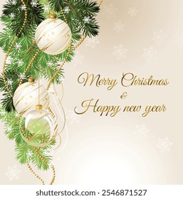 Merry Christmas and Happy new year with White ball and snow flaks decoration for Christmas Vector Illustration