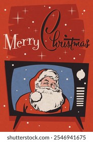 Merry Christmas and Happy New Year. Retro Christmas Postcard Style Illustration. Vector Template for Hoiday Party, Event. Santa Claus on a Retro TV Screen