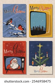 Merry Christmas and Happy New Year. Retro Christmas Postcard Style Illustrations. Vector Templates for Hoiday Party, Event. Bullfinches, Santa Claus, Christmas Tree