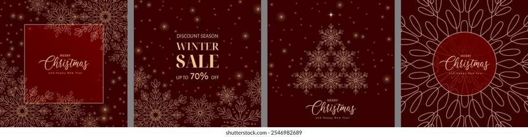 Merry Christmas and Happy New Year frame for social media post, greeting card, poster, cover. Winter illustration with gold snowflakes in red color. Modern universal Winter holidays square template