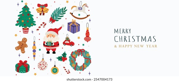 Merry Christmas and Happy New Year banner design with festive elements. Santa Claus, Christmas tree, gifts, wreath, candy cane, gingerbread, ornaments. Illustration with white isolated backgriound. 