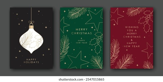 Merry Christmas and Happy New Year greeting cards set. Golden Christmas tree, holly berry, stars on red and green background, winter holiday vector illustration.