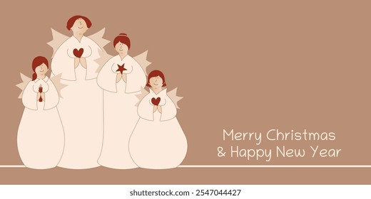 Merry Christmas and Happy New Year. Greeting card with four cute angels with candles, hearts and star.
