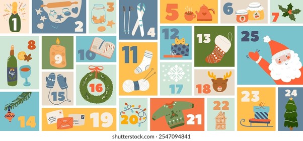 Merry Christmas and Happy New Year advent calendar template with cute hand drawn holiday items and numbers to count down time for celebration, greeting and doing funny tasks vector illustration