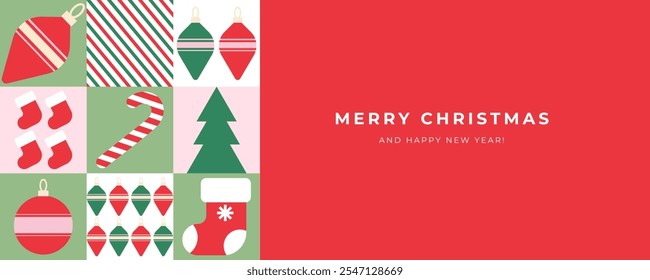 Merry Christmas and Happy New Year greeting banner, holiday cover, poster. Modern Xmas design in geometric style. Design templates for ads, sales, print, season greetings