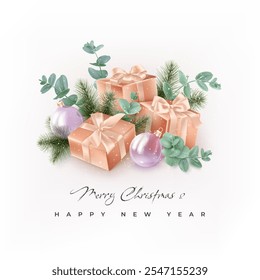 Merry Christmas and Happy New Year greeting card with eucalyptus and fir branches, glass transparent Christmas balls and golden gift boxes tied with bows on a light background with snow