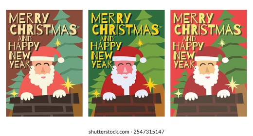 Merry Christmas and Happy New Year Card with Santa and Tree in the background