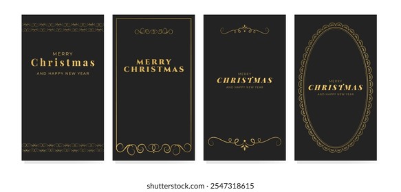Merry Christmas and Happy New Year. Vertical stories templates with gold vintage calligraphic border, frame, typography on black background. Vector set for card, banner, poster