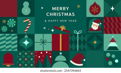 Merry Christmas and Happy New Year.
Elements with geometric pattern for wallpaper, poster, banner, background. Flat design. Minimal style. Vector illustration.