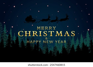 Merry Christmas and happy new year banner with Deer Pulling Santa's Sleigh in night scene  design