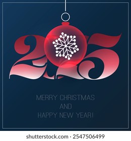 Merry Christmas and Happy New Year Greeting Card with White Snowflake on a Christmas Ball, Creative Design Template for Best Wishes Cards, Year 2025