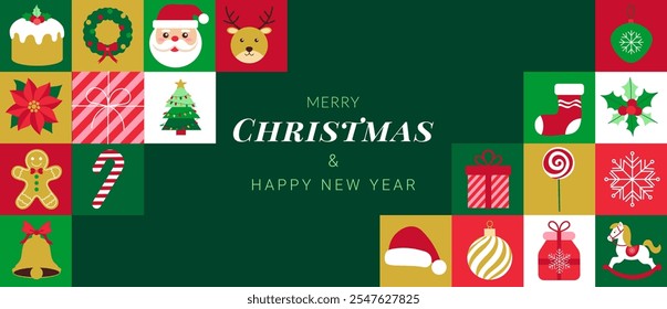 Merry Christmas and Happy New Year. A green background with a variety of Christmas decorations. A red and green Christmas tree is in the center