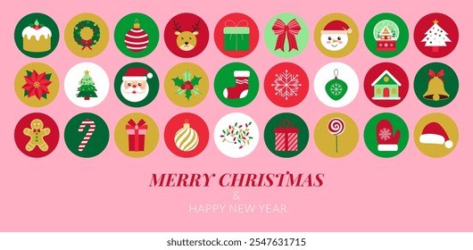 Merry Christmas and happy new year. A collection of Christmas icons. A pink background. A red and green color scheme