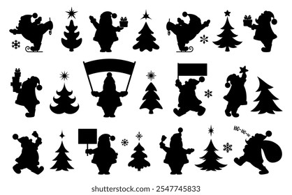 Merry Christmas and Happy New Year signs and symbols set. Various Santa Claus with Christmas tree and gifts, Santa Claus is skating. Holiday design elements. Isolated black silhouette. Vector