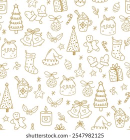 Merry Christmas Happy New Year seamless background pattern. Beautiful pattern for a luxurious gift wrapping paper, greeting cards. Vector illustration doodles, thin line art sketch icons style concept