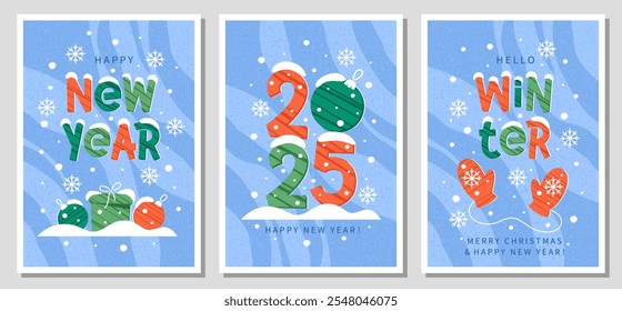 Merry Christmas and Happy New Year 2025 greeting card set. Modern design posters for winter holidays. Vector illustration for banner, cover or calendar.