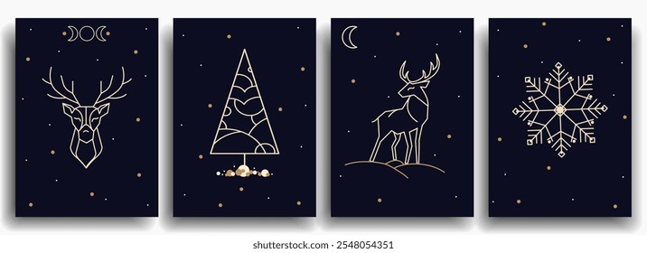 Merry Christmas and Happy New Year backgrounds, holiday covers, posters, greeting cards, Set. Xmas templates with Christmas tree, winter deer, snowflakes in Line art style on dark background. Vector