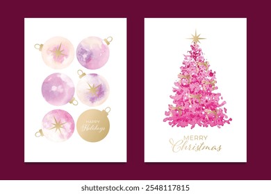 Merry Christmas and Happy New Year greeting card Set. Festive design concept with watercolor Christmas tree and balls in pink and gold colors on white background. Vector templates