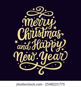 Merry Christmas and happy New year. Hand lettering golden script text isolated on black background. Vector typography for posters, banners, cards, Christmas and new year decorations