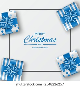 Merry Christmas and Happy New Year design template with gift box, Christmas greeting text with gift present xmas elements for holiday season card decoration. Vector illustration