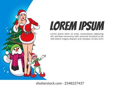 merry christmas and happy new year Beautiful Santa woman showing your text pop art comics style