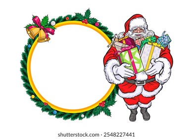 Merry christmas, happy new year Santa and Beautiful woman showing your text pop art comics style