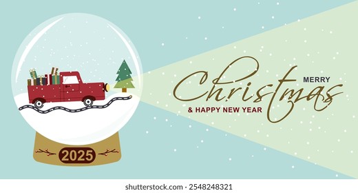 Merry Christmas and Happy New Year. Cute holiday card or banner. Glass ball, truck with gifts, Christmas tree and snowdrifts. Vector illustration.