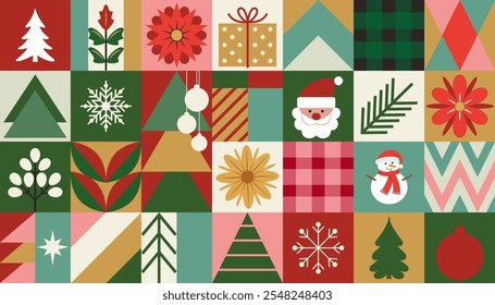 Merry Christmas and Happy New Year seamless pattern. geometric modern background squares with icons in scandinavian, Баухаус style. trendy design christmas wallpaper, packaging, banner, card, cover