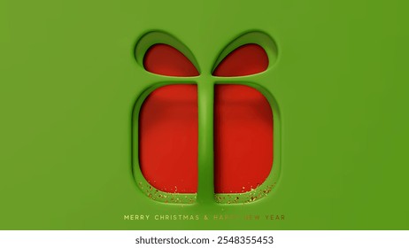 Merry Christmas and Happy New Year. Paper cut and embossed design Christmas gift shaped and bow, vibrant red color inside, green background. Xmas minimal gift box. vector illustration