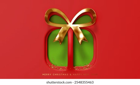 Merry Christmas and Happy New Year. Paper cut and embossed design Christmas gift shaped and golden bow, vibrant green color inside, red background. Xmas minimal gift box. vector illustration