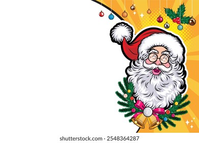 Merry christmas, happy new year Santa and Beautiful woman showing your text pop art comics style