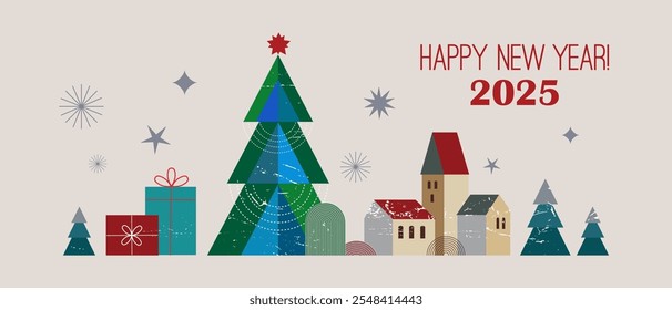 Feliz Navidades y feliz año Nuevo moderno abstracto minimalista tarjeta geométrica. Navidades ilustración colorida en estilo plano de dibujos animados. Diseño de Vector de fondo de Navidad.