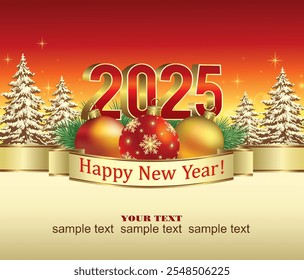 Merry Christmas and Happy New Year 2025. Vector illustration for greeting card, background, calendar, cover, winter holiday design