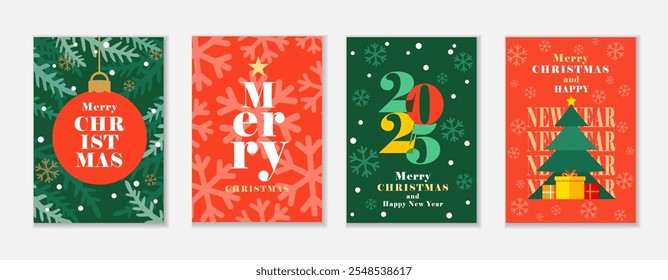 Merry Christmas and Happy New Year 2025 greeting cards or creative posters set. Vector concept background with green Xmas tree and snowflakes for invitation flyers, banners, magazine or book covers