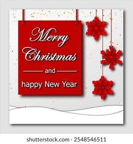 Merry Christmas and happy New Year template. card with silhouettes of hanging paper cut multilayered snowflakes. bright vector illustration en white and red. for greeting, backdrop, invitation, poster