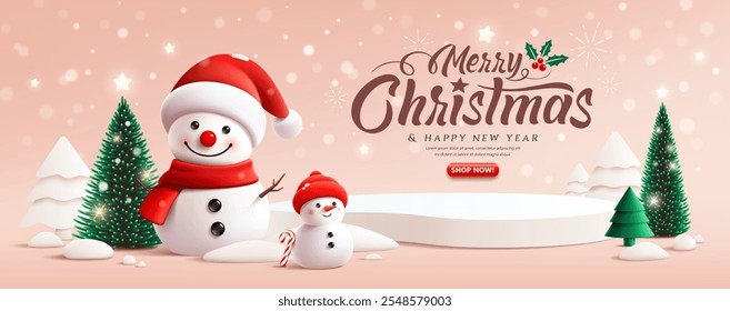 Merry Christmas and happy new year podium display ,Snowman, pine tree, greeting card, winter banner design on pink background, Eps 10 vector illustration