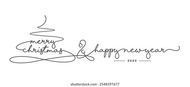 Merry Christmas and Happy new year 2025 line design handwritten lettering typography calligraphy. Start connect Christmas tree and New Year 2025 white background greeting card