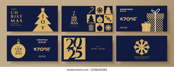 Feliz Navidades y feliz año Nuevo 2025 Anuncio Horizontal, cubierta, cartel, tarjeta de felicitación en estilo geométrico simple moderno en colores dorados y azul oscuro para saludos de temporada, anuncios, ventas, impresión