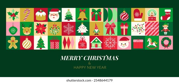 Merry Christmas and Happy New Year! This is a festive image featuring a variety of Christmas decorations, including a tree, a bell, and a Santa Claus. The image is designed to evoke feelings of joy