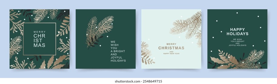 Merry Christmas and Happy New Year greeting card Set. Background with a pattern of golden pine branches and winter plants. Holiday vector templates for banner, invitation, advertising, social media