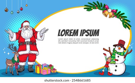 Merry christmas, happy new year Santa and Beautiful woman showing your text pop art comics style